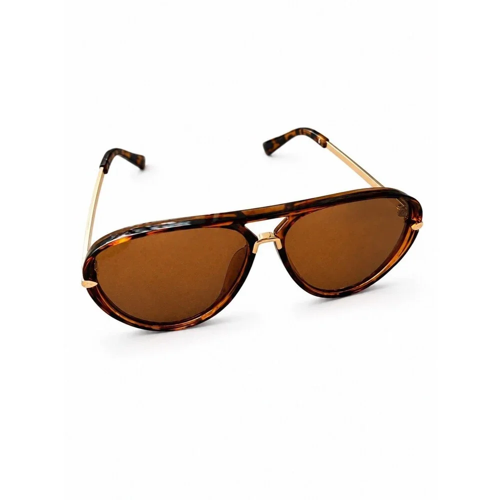 Retro Tortoise Aviator Sunglasses Brown Lens Gold Metal Arms Vintage Chic UV